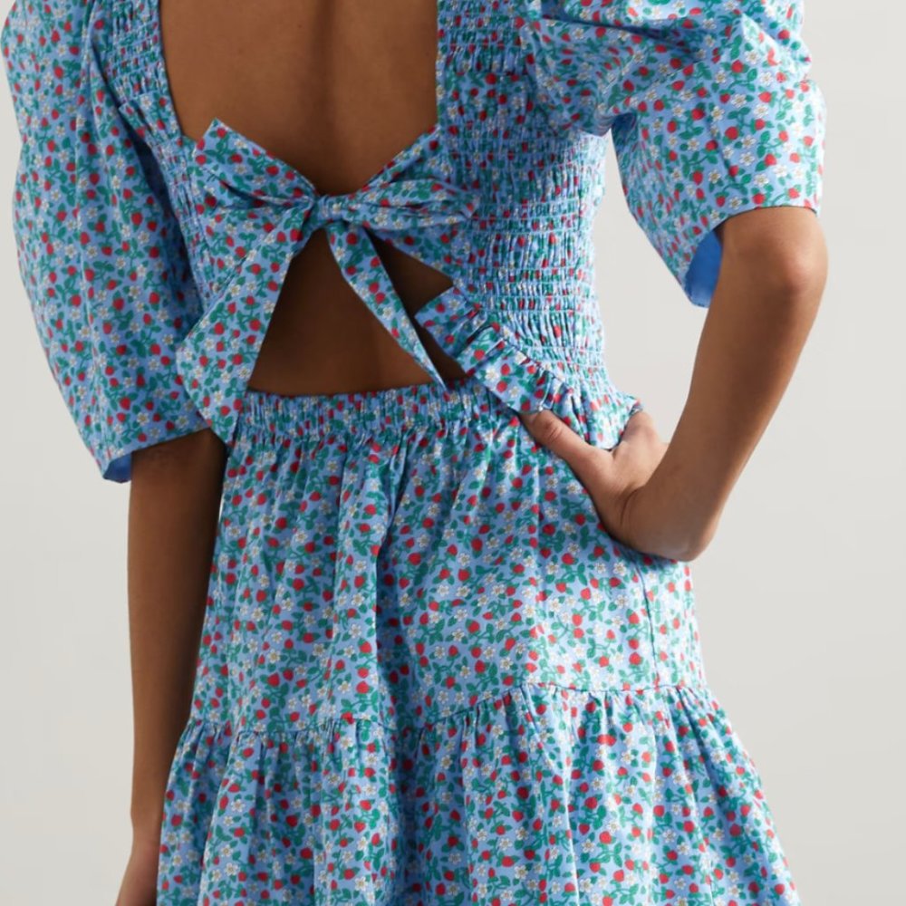 SEA Lilly ruffled smocked printed cotton mini dress